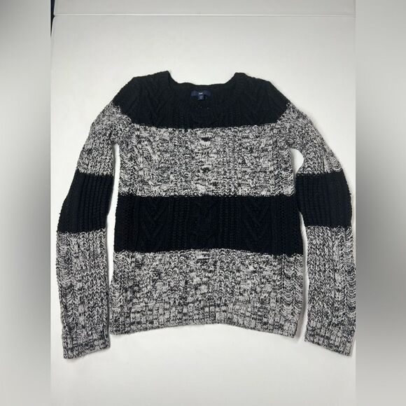 GAP Stripe Woven Knitted Color Block Wool Blend Sweater Black Gray Crewneck Sz S - Picture 3 of 11